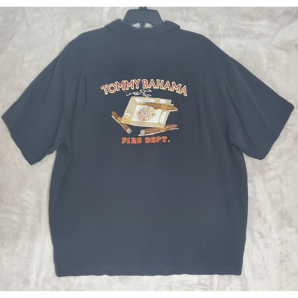 Tommy Bahama 100% Silk Shirt Men's XL Fire Dept. Cigar Embroidery Camp Black
